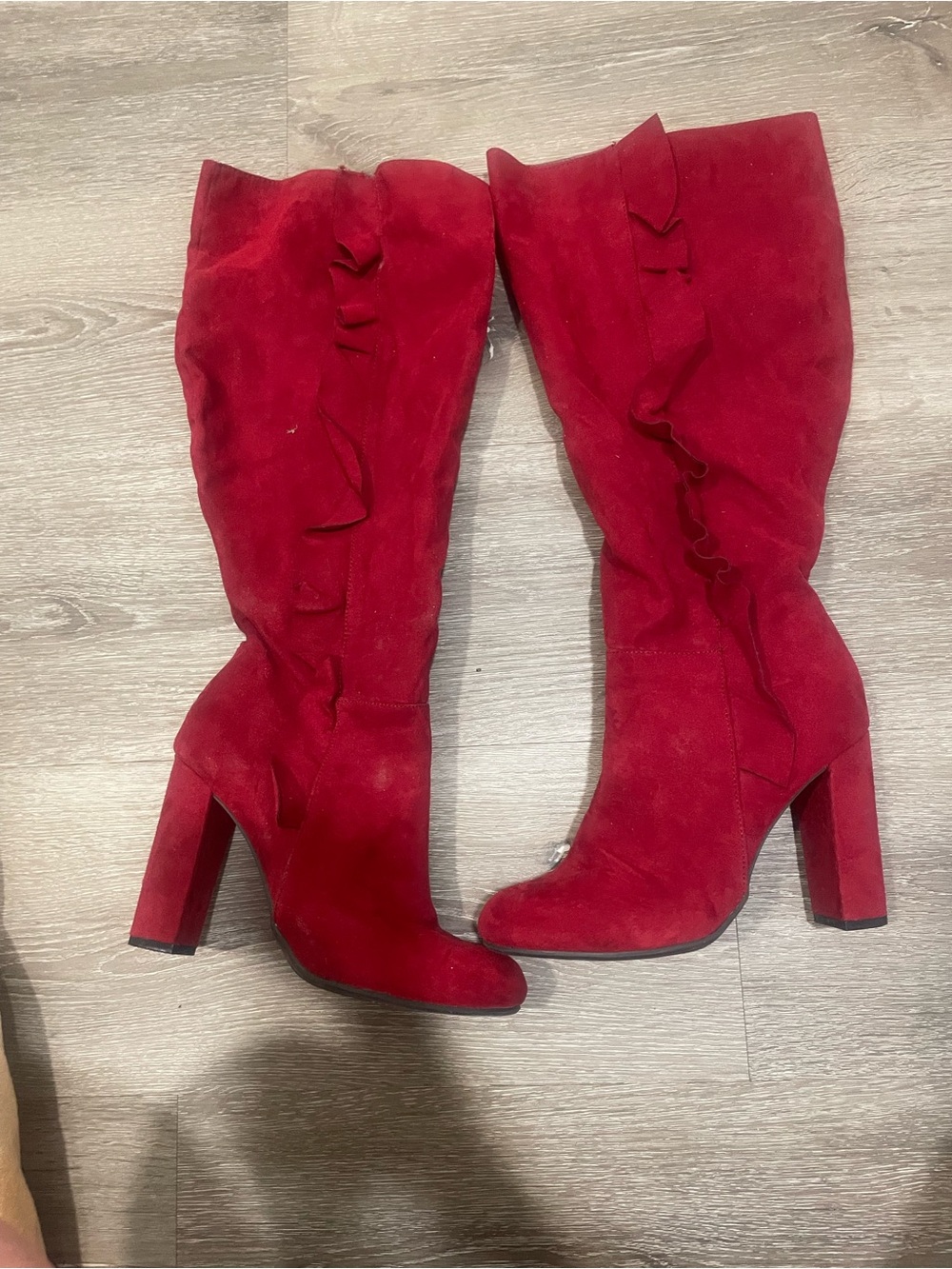 Red Suede Knee-High Heeled Boots - Women's Fashion